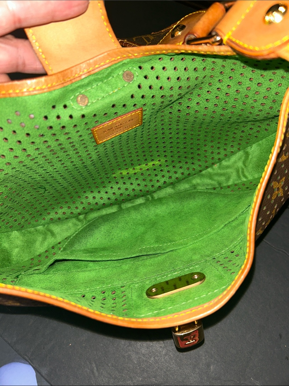 Beautiful Brown Monogram Shoulder Bag with Green Accents - Picture 14 of 17